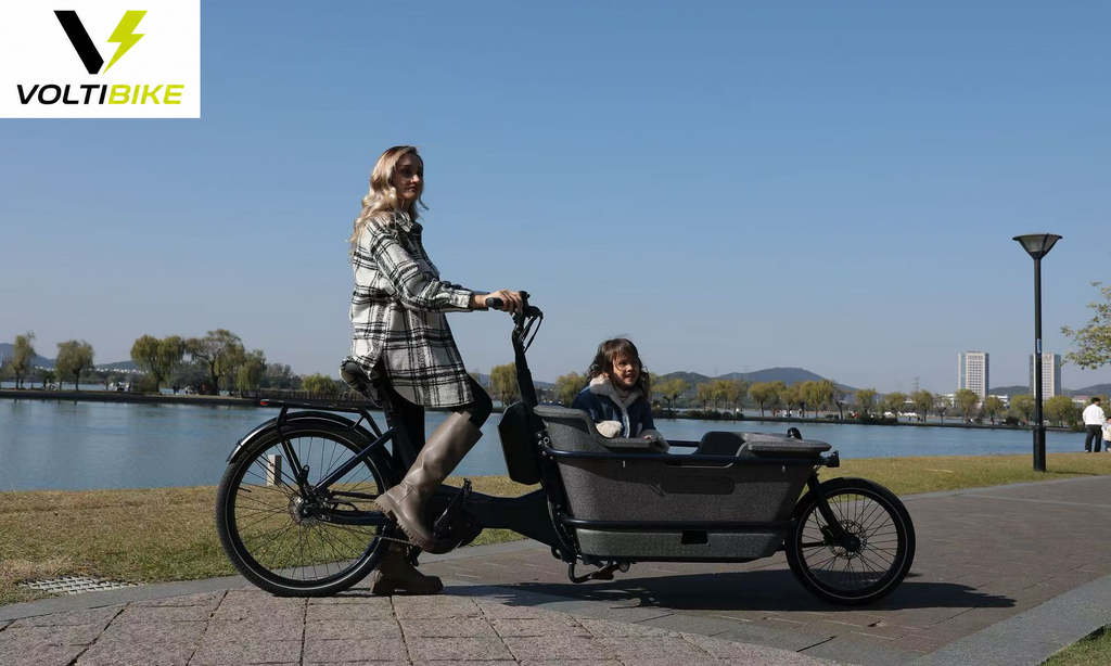 Bicicleta eléctrica cargo familiar AT006 Voltibike con pasajero infantil