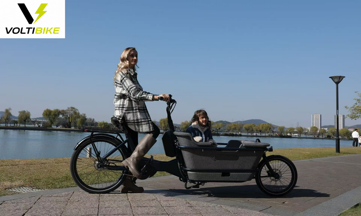 Bicicleta eléctrica cargo familiar AT006 Voltibike con pasajero infantil