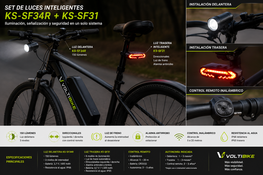Kit de luces KS-SF34R y KS-SF31 instalado en bicicleta Voltibike