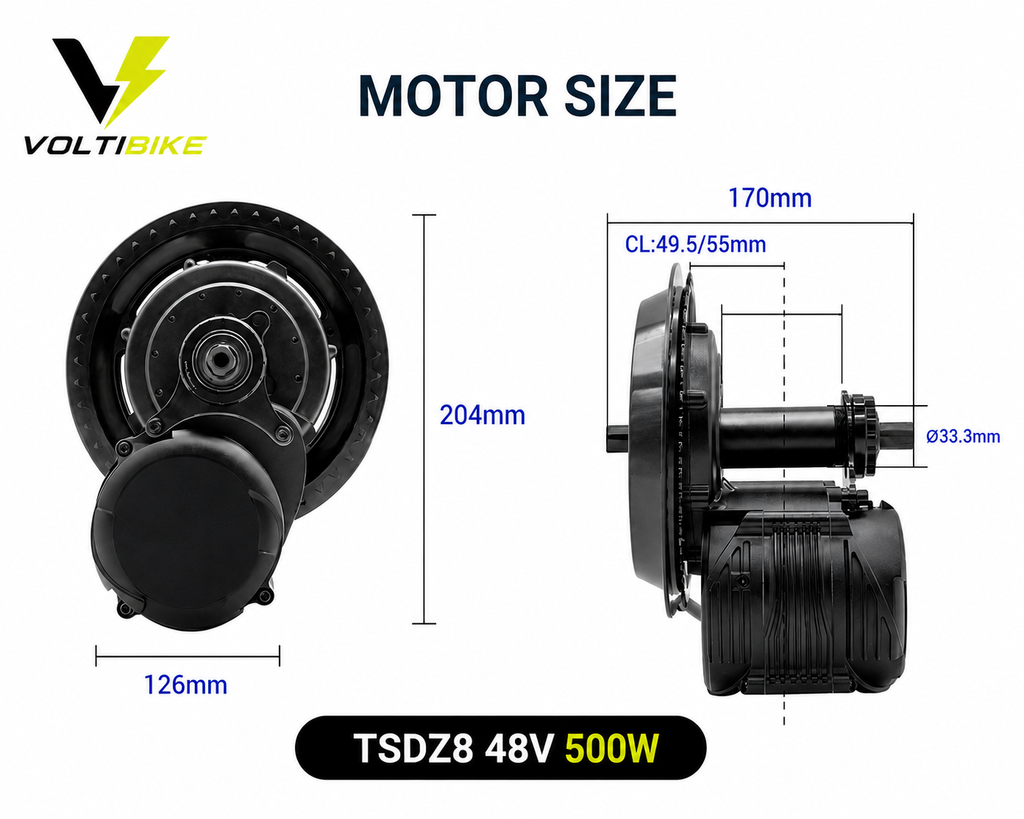 Dimensiones del motor central TSDZ8 48V 500W Voltibike